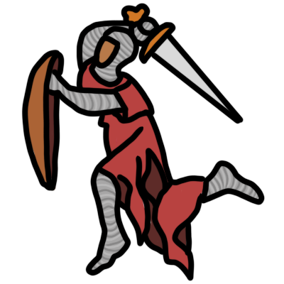 a knight, based on medieval marginalia, wearing mail and a red tunic, kneeling with shield up and sword raised behind head.